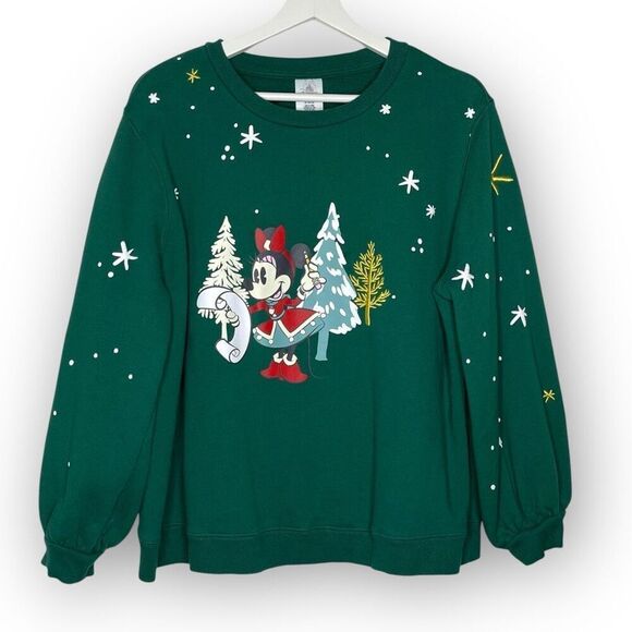 Disney Minnie Mouse Holiday Sweatshirt Green Pullover Puff Sleeves Women’s Sz 1X - Picture 1 of 13